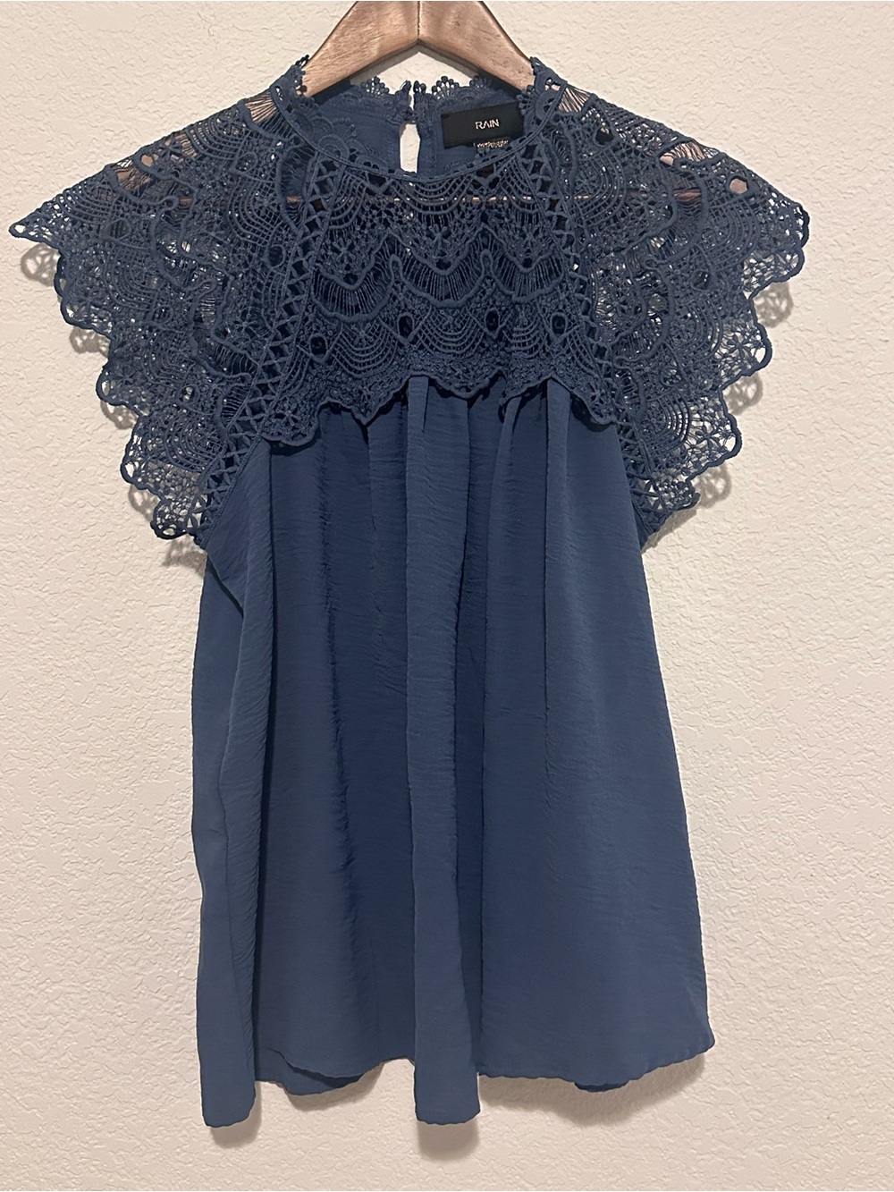 Rain Navy Crochet Yoke Flutter Blouse